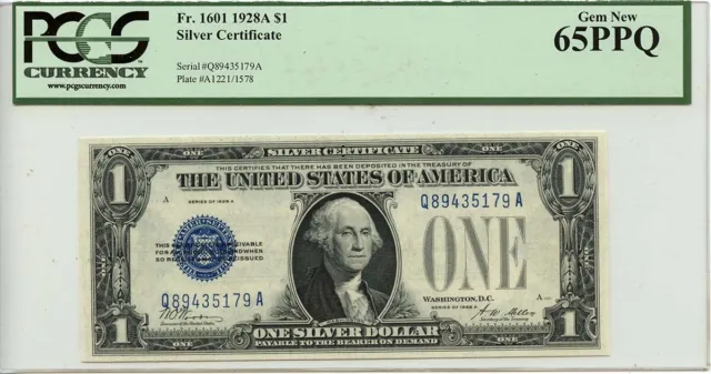 1928A $1 Silver Certificate Blue Woods Mellon Fr# 1601 PCGS GEM 65 PPQ