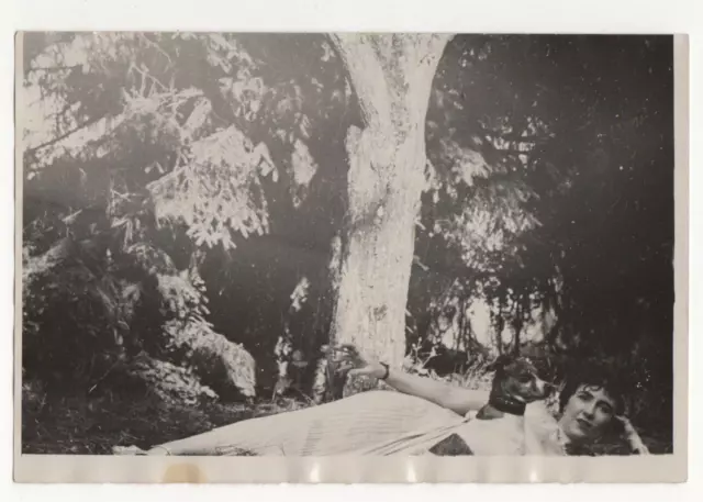 LIV00881  Photographie photo vintage femme chien dog arbre tree allongée forêt