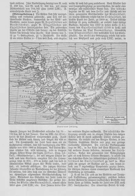 Island Lavafelder Vulkane Original Karte von 1897 Hofsjökull Vatnajökull