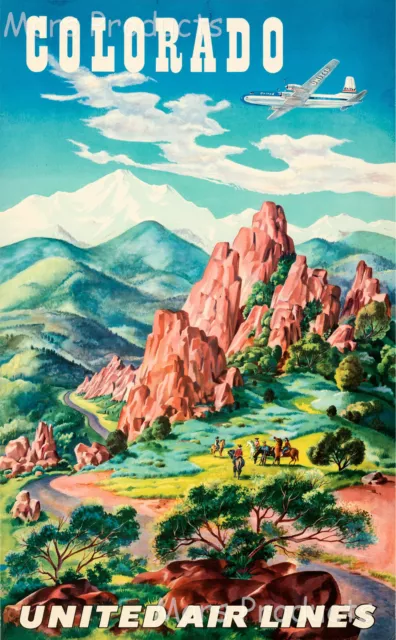 Colorado 1950s United Airlines Vintage Style Travel Poster 24x36
