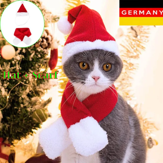DE Weihnachten Haustier Katzen Hunde Welpen Santa Hut & Schal Kostüm Outfits Set