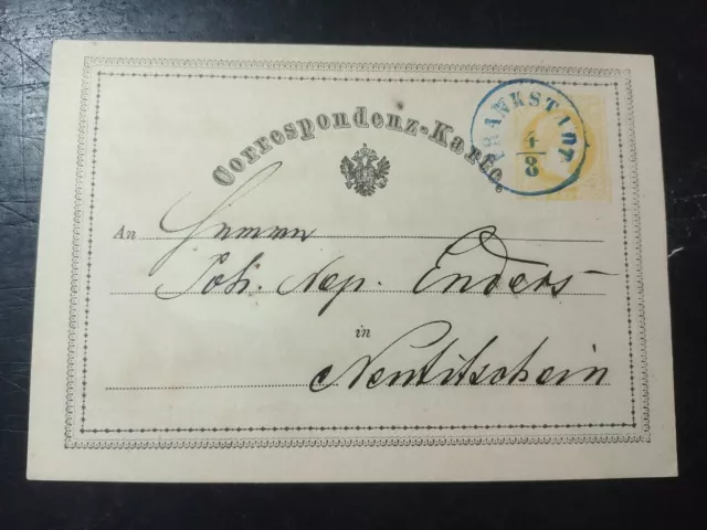 ÖSTERREICH 18.. 2kr Karte mit BLAUSTEMPEL FRANKSTADT (M) Kl:30P! - NEUTITSCHEIN.