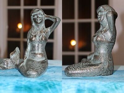 (2) Sitting Mermaid Shelf Decor Antiqued-Look Cast Iron, 7" x 7" each, BL-76