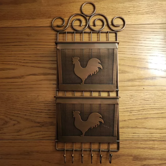 Shabby Chic Rooster Hen Letter Post Mail Rack Holder Metal Cottage Key Hook