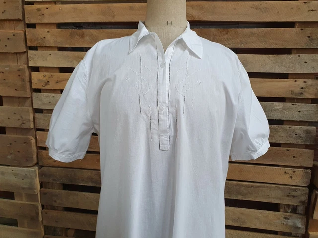 Chemise de nuit ancienne en coton brodé jour fin - 738