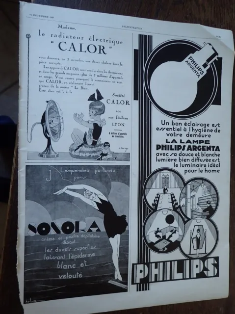 lampe PHILIPS ARGENTA + CALOR + SONORA + METEORE + DOGUE pub ILLUSTRATION 1927