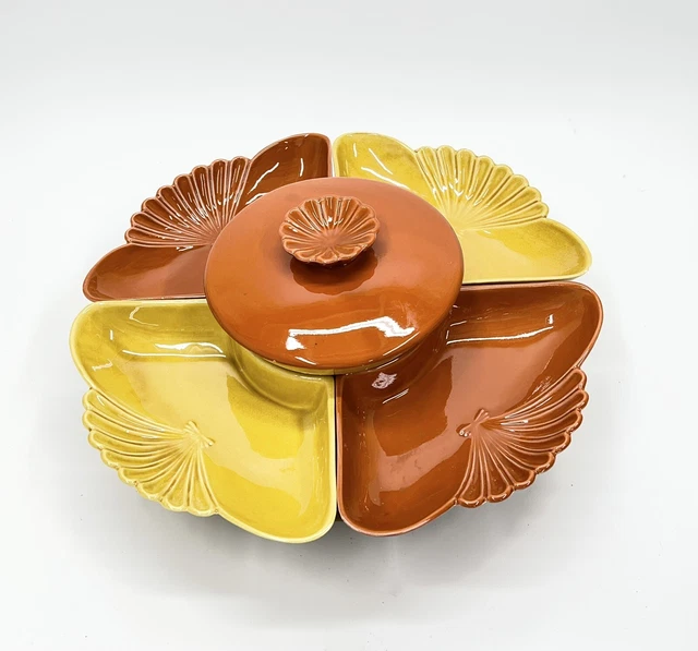 Vtg USA CALIFORNIA POTTERY L34 Orange/Yellow Dip 5-Pc Lazy Susan Bowls L71 MCM