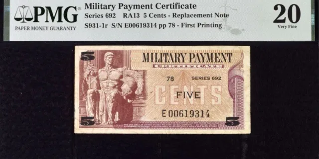 Military Payment Certificate 5cSeries 692 RA13 Replacement PMG 20Very Fine Note