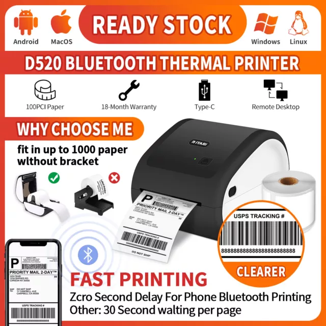 Thermal Printer Bluetooth Shipping Label Printer USB 4X6 Label Maker Barcode LOT