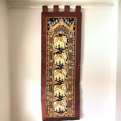 tapestry fabric wall hanging thai burmese kalaga embroider bead 5 elephant brown