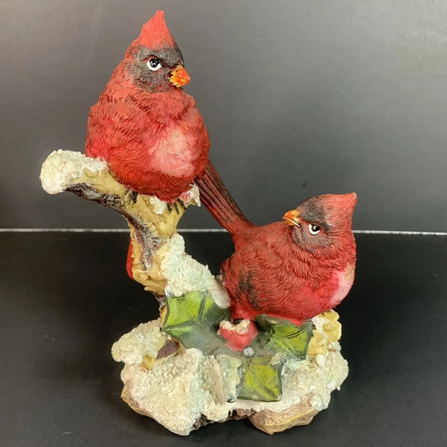 Cardinal Figurine 2 Red Christmas Cardinals Sitting on a Snowy Tree Branch 5.5in