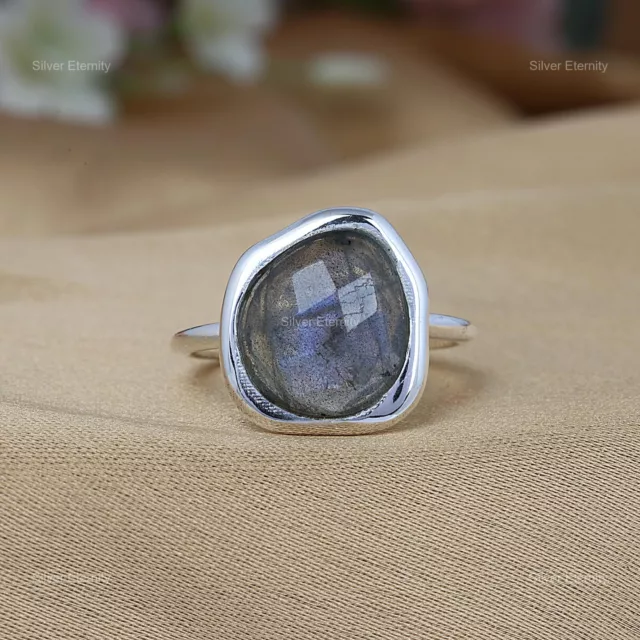Natural Labradorite Gemstone Band Blue Ring 925 Sterling Silver Indian Jewelry