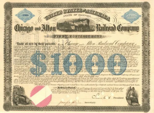 Chicago and Alton Railroad Co. signed by Samuel J. Tilden - $1,000 - Bond - Auto