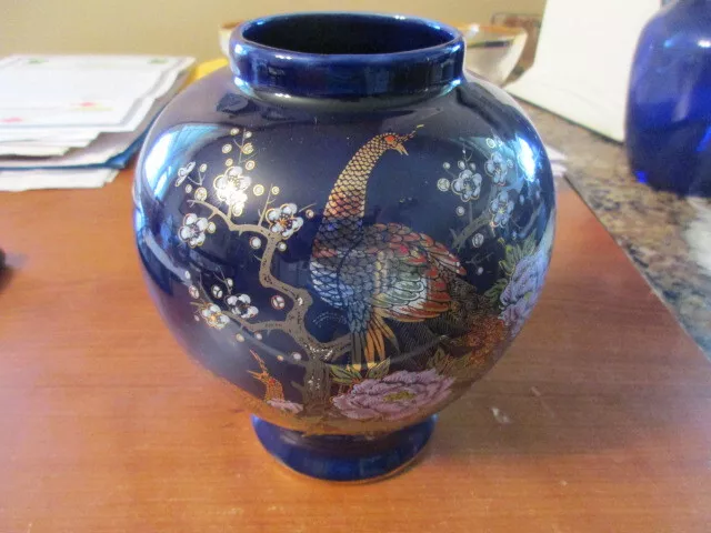 Vintage - Japanese Ginger Jar Cobalt Blue with Peacock & Floral Design