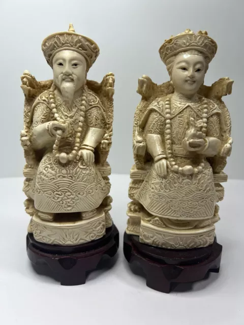 Vintage Chinese Hand Carved  Resin Figurine Statue Emperor & Empress pair