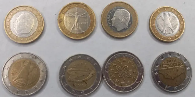 8 coins set, 2 and 1 euro  used and circulated coins,