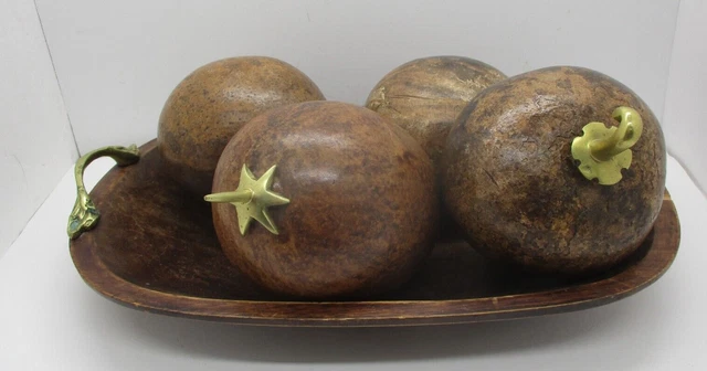 Vintage Monkey? Wood Bowl with Large Fruit Brass Adornments