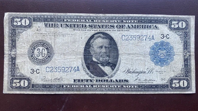 1914 Fifty Dollar Federal Reserve Note Large Size Bill $50 Circulated #56362 1914 Fifty Dollar Federal Reserve Note Large Size Bill $50 Circulated #56362
