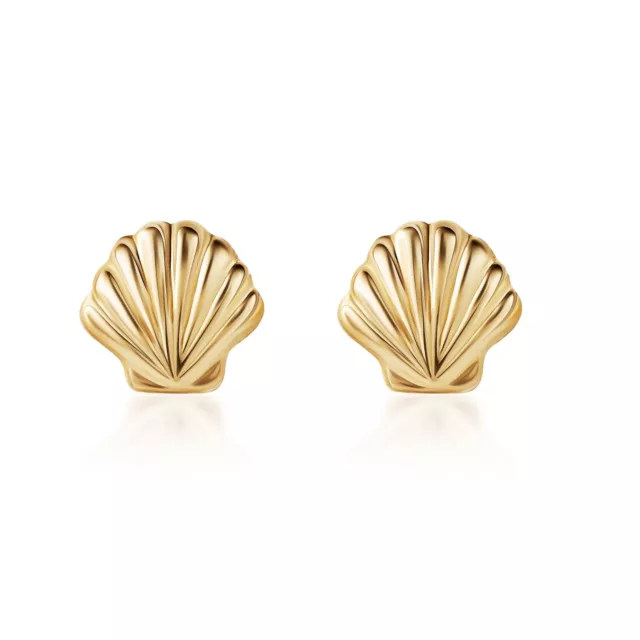 14K Solid Gold Seashell Small Stud Earrings - Gold Butterfly Backings Closure