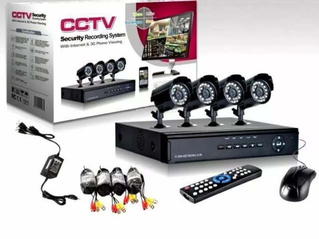 KIT VIDEOSORVEGLIANZA h264 CCTV 4 CANALI TELECAMERE INFRAROSSI DVR ALIMENTATORE