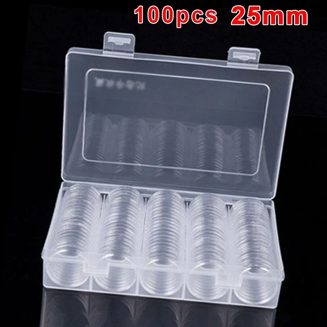 100pcs 25mm Clear Round Coin Capsule/Container Storage Box Holder Portable Case