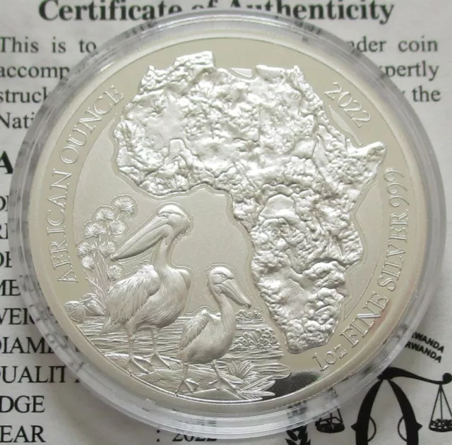 Rwanda 50 Amafaranga 2022 Wildlife Pelican 1 Oz Silver Proof