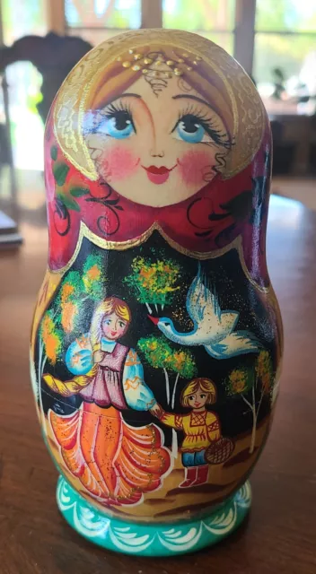 Signed Vintage 7" Matryoshka Fairy Tale 5 Nesting  Dolls Wood Hand Painted