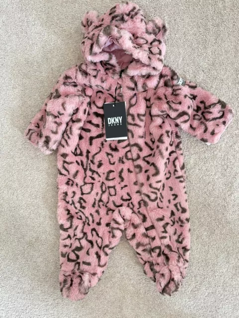 BNWT BABY GIRLS DKNY SNOWSUIT/PRAMSUIT. ANIMAL PRINT. AGE 6-9 months