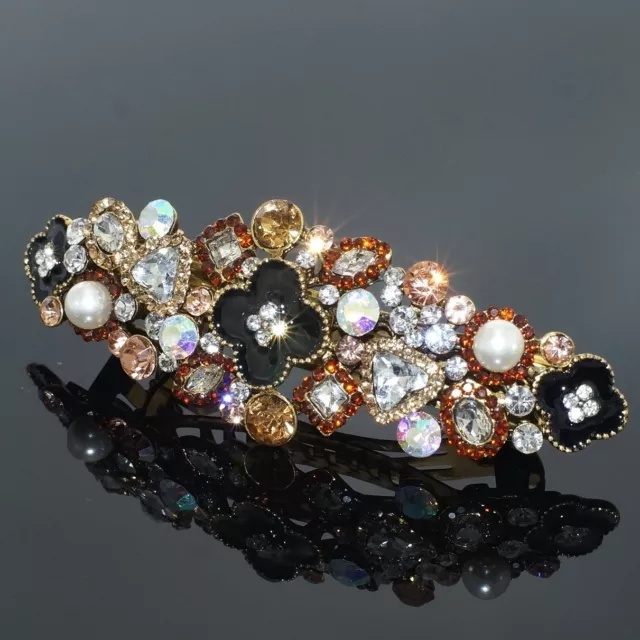 B66 Black Plum Flower Brown Rhinestone Crystal Barrette Hair Clip Party Gift 3