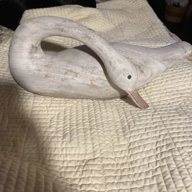 Large Wood  Hand Carved Vintage Whitewashed Wooden Swan 18” Long solid