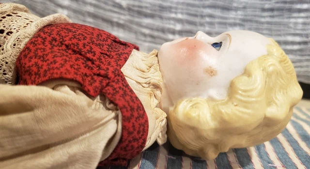 Old Painted Bisque Porcelain Head Doll Glass Eyes Orig Clothes Molded Blond Hair 3