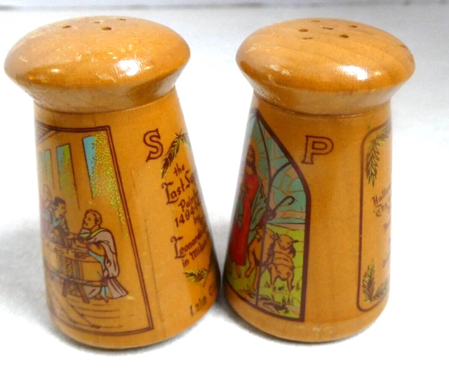 VINTAGE WOOD RELIGIOUS Last Supper Lord's Prayer Salt & Pepper Shaker