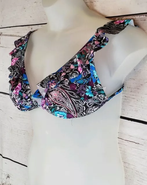 Shade & Shore Womens Size Large Bikini Top Ruffle Floral Halter Tie Back