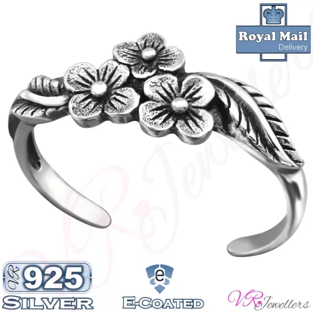 925 Flower Toe Ring Solid Sterling Silver Band Oxidised Toe Ring Adjustable