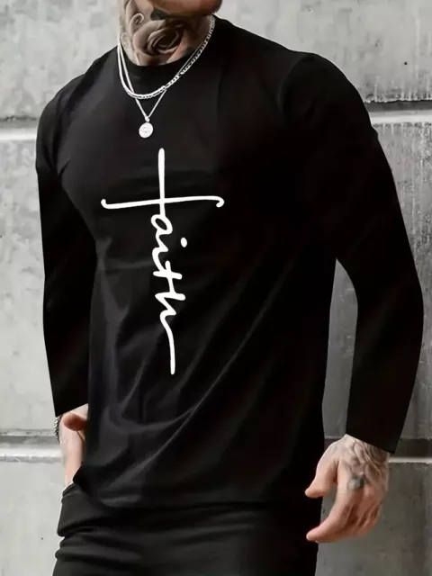 Camisetas Hombres Cruz de fe Manga Larga Negro Estampado Camisa Informal Suave