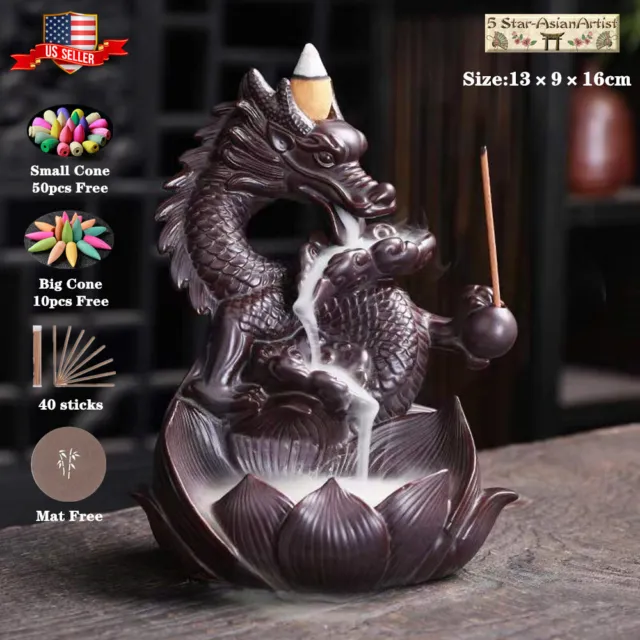 Ceramic Backflow Incense Burner Holder Dragon Waterfall & Incense Cones Gift