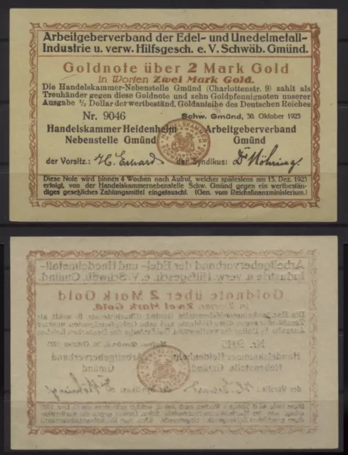 [27202] - GOLD-NOTGELD SCHWÄBISCH GMÜND, Arbeitgeberband Edelmetall etc., 2 Mark