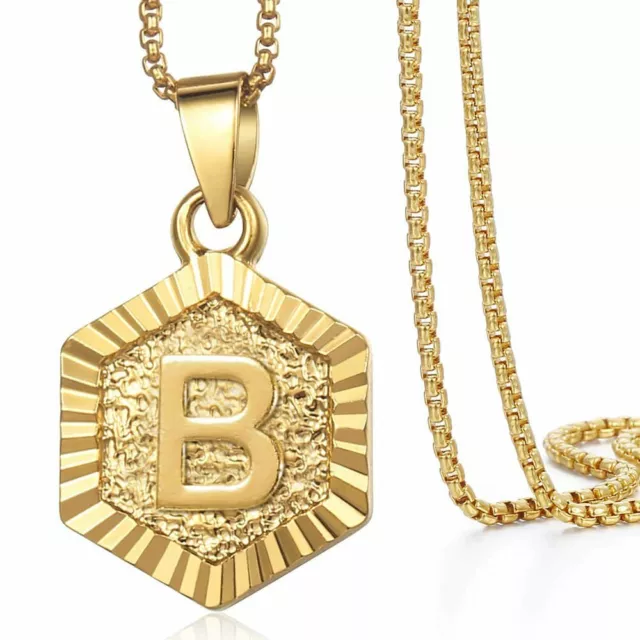 Hexagon A-Z Gold Plated 14k Initial Letter Pendant Necklace Unisex Mens Womens