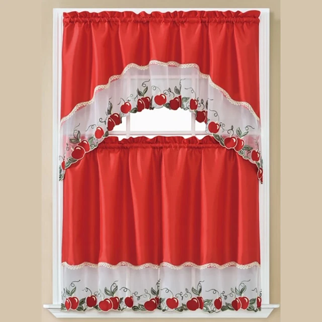 Addy Apple 3-Piece Embroidered Kitchen Curtain Set With Swag Valance, Red, 60x36