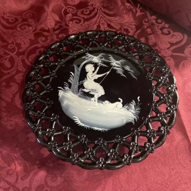 westmoreland black glass Mary Gregory plate girl on swing w/dog