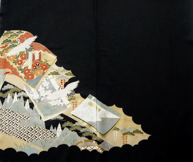 Vintage Japanese Kimono Silk Fabric, Black Tomesode Long Panel, Tsuru 173cm(68")