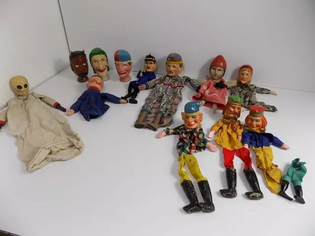 Uralt Kasperletheater Konvolut Figuren 12 Tlg. Handpuppen Holz Antik Stoff