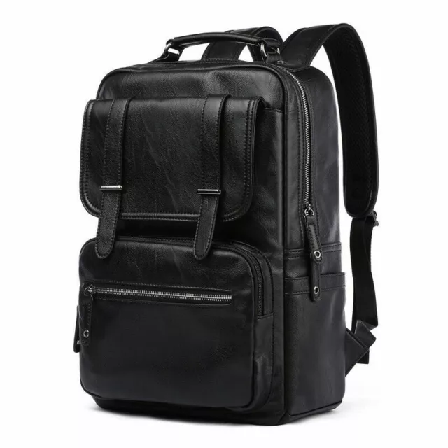 US Men Leather School College Backpack Black Waterproof Laptop Travel Bag