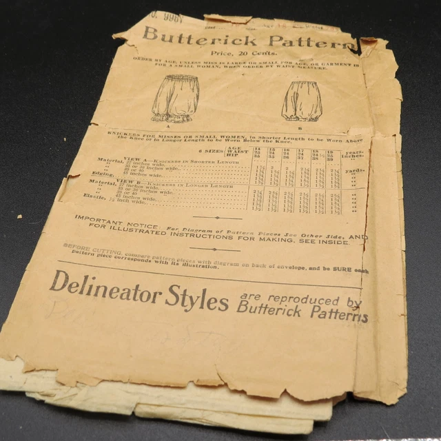 Butterick Pattern 1910-1920 Girls' and Juniors' Combination Knicker Drawers