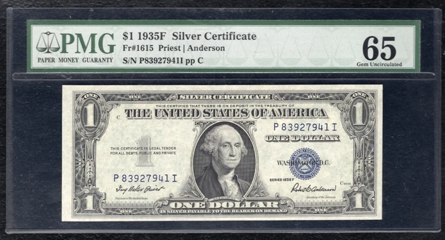Fr. 1615 1935-F $1 One Dollar Silver Certificate Pmg Gem Uncirculated-65