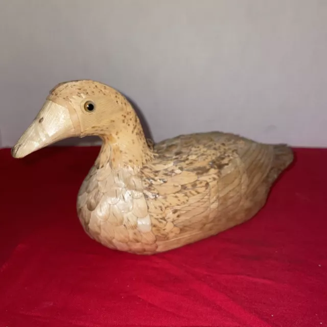 Vintage Folk Art Layered Corn Husk Wood Reed Decoy Duck, Glass Eyes Primitive