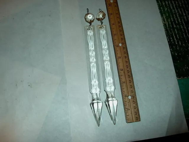 2 Antique 8" Crystal Spear Prisms & Top Bead For Chandeliers & Antique Lighting
