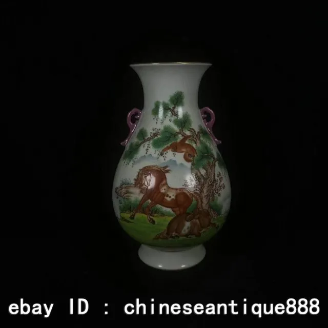 12.7'' Qing Qianlong Enamel Colour Porcelain Gilt  horse monkey Double Ear Vase