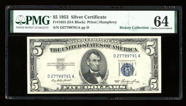 DBR $5 1953 Silver Fr. 1655 DA Block PMG 64 Serial D27799791A
