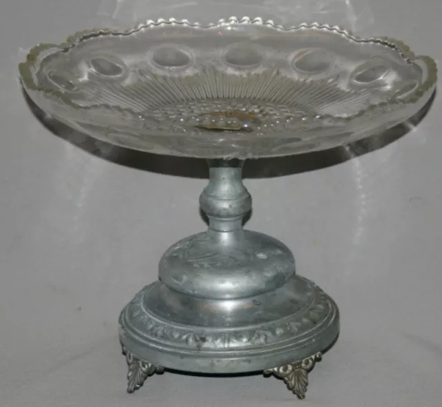 Antique European Art Deco Glass Platter Tray Bowl With Metal Footed Base